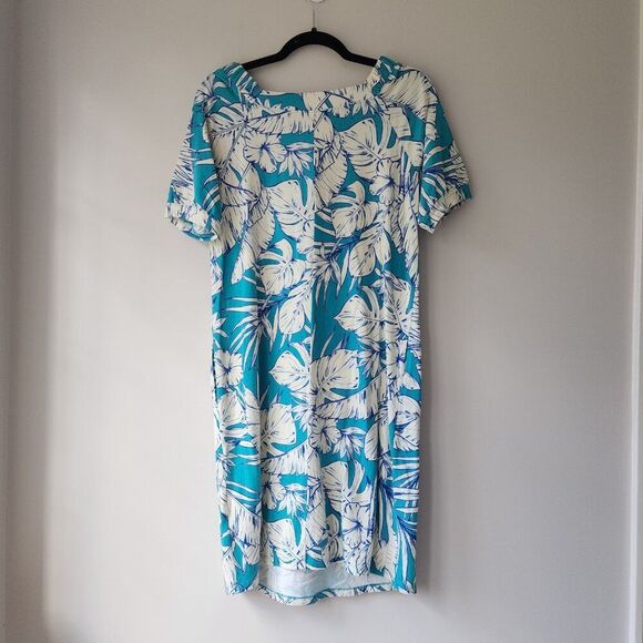 XXS Mid Length Dress | Short Sleeves Palm Print | Pockets Stretch White Blue | - Picture 4 of 6